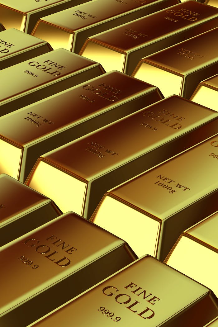 Rows of shiny gold bars symbolizing wealth, investment, and financial growth.